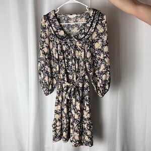 LC Lauren Conrad Cream and Black Floral Midi Dress with Ruffle Neck